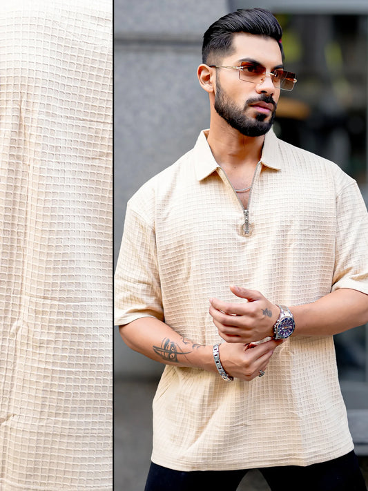 Box Grid Beige T-Half Sleeve Shirt