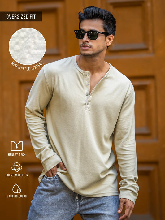 Waffle Beige Henley Full Sleeve Tshirt