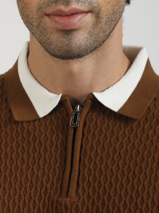 Terra Cotta Cotton Flatknit Brown Half Sleeve Polo T-Shirt
