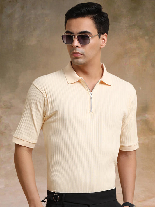 DropKnit Cream Polo Zipper Half Sleeve T-Shirt