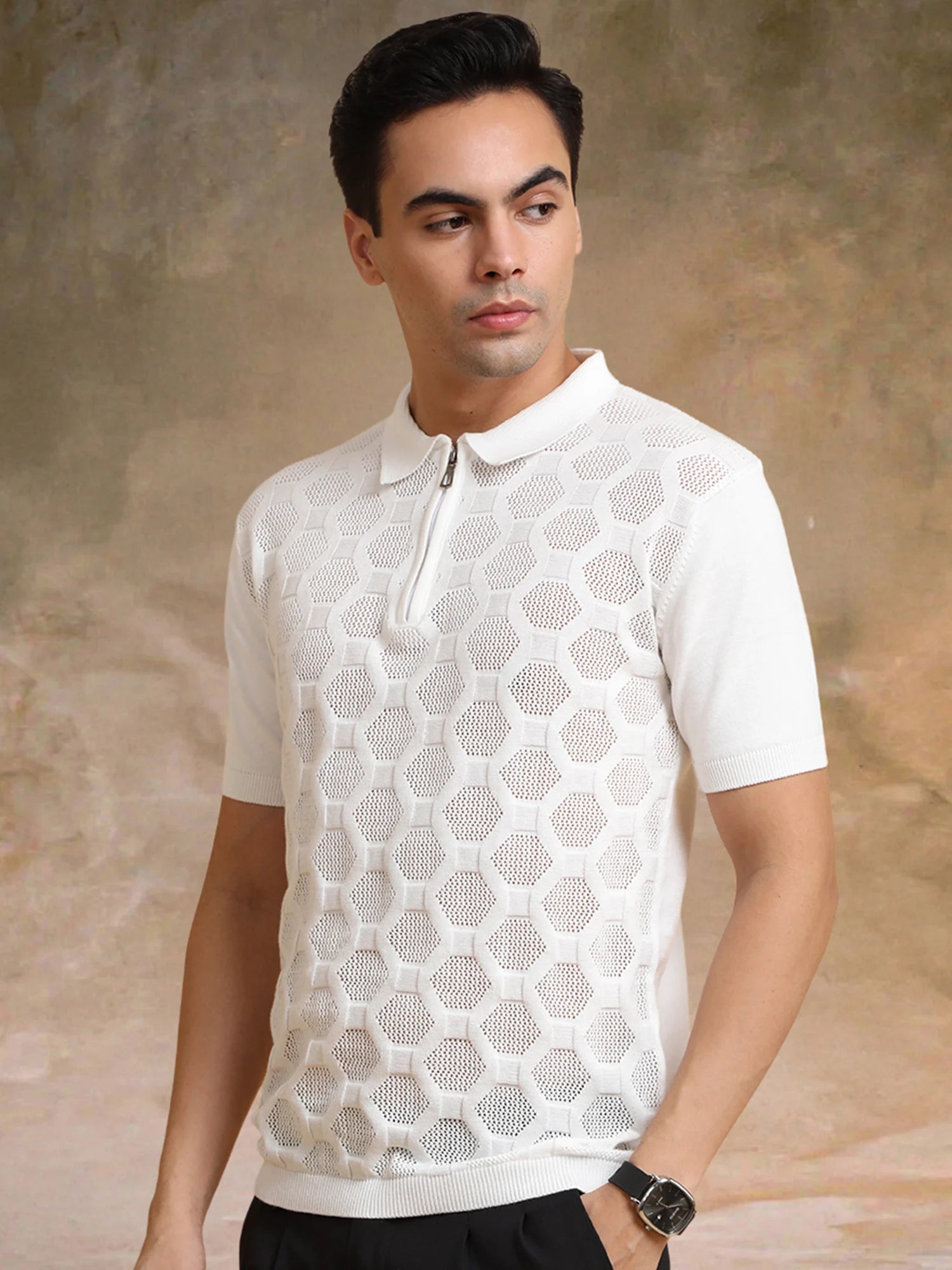 Diamond Knit White Slim Half Sleeve Polo T-Shirt – ManiacLife.com