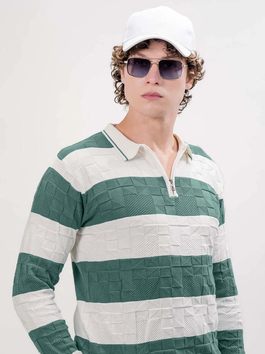 Puzzle White, Green Full Sleeve Polo T-Shirt