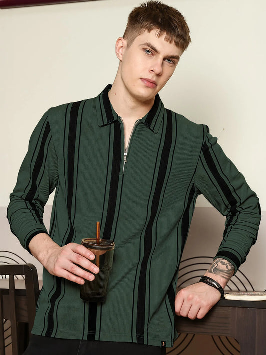 Cord Stripe Bottle Green Full Sleeve Polo T-Shirt