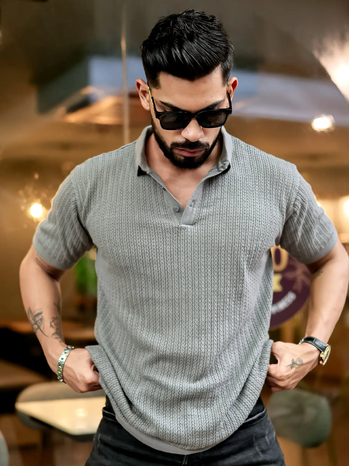 Grey half sleeve classic rib knit polo t-shirt for men - view 5