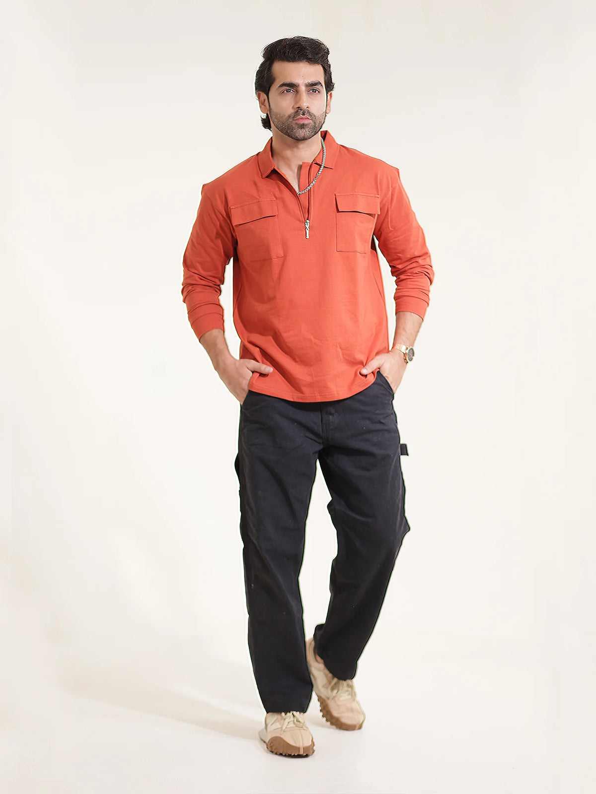 Rust full sleeve pocket polo t-shirt for men - view 7