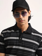 Neutral Stripe Black, Grey Half Sleeve Polo T-Shirt