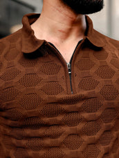 Diamond Knit Brown Slim Half Sleeve Polo T-Shirt