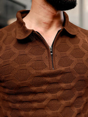 Diamond Knit Brown Slim Half Sleeve Polo T-Shirt