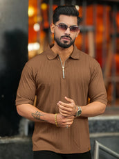 Light brown half sleeve dropknit polo t-shirt for men - view 3