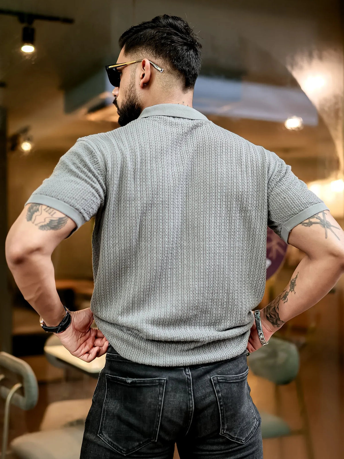 Grey half sleeve classic rib knit polo t-shirt for men - view 3