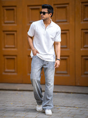 Solid White High Neck Half Sleeve Tshirt