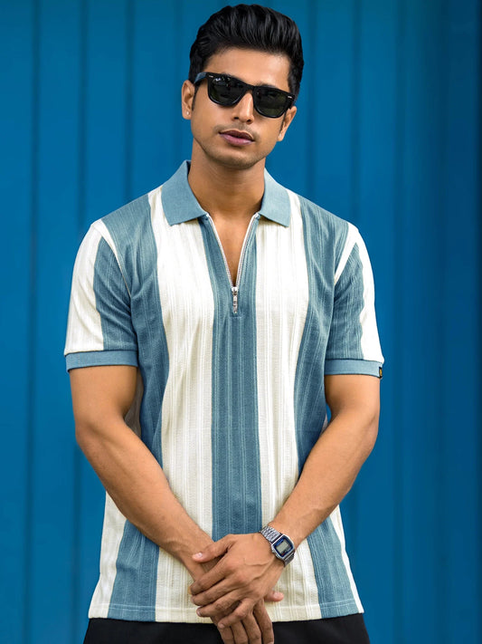 Bold Stripe Blue Half Sleeve Polo T-Shirt