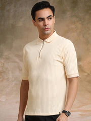 DropKnit Cream Polo Zipper Half Sleeve T-Shirt