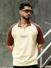 Beige half sleeve boston zipper polo t-shirt for men
