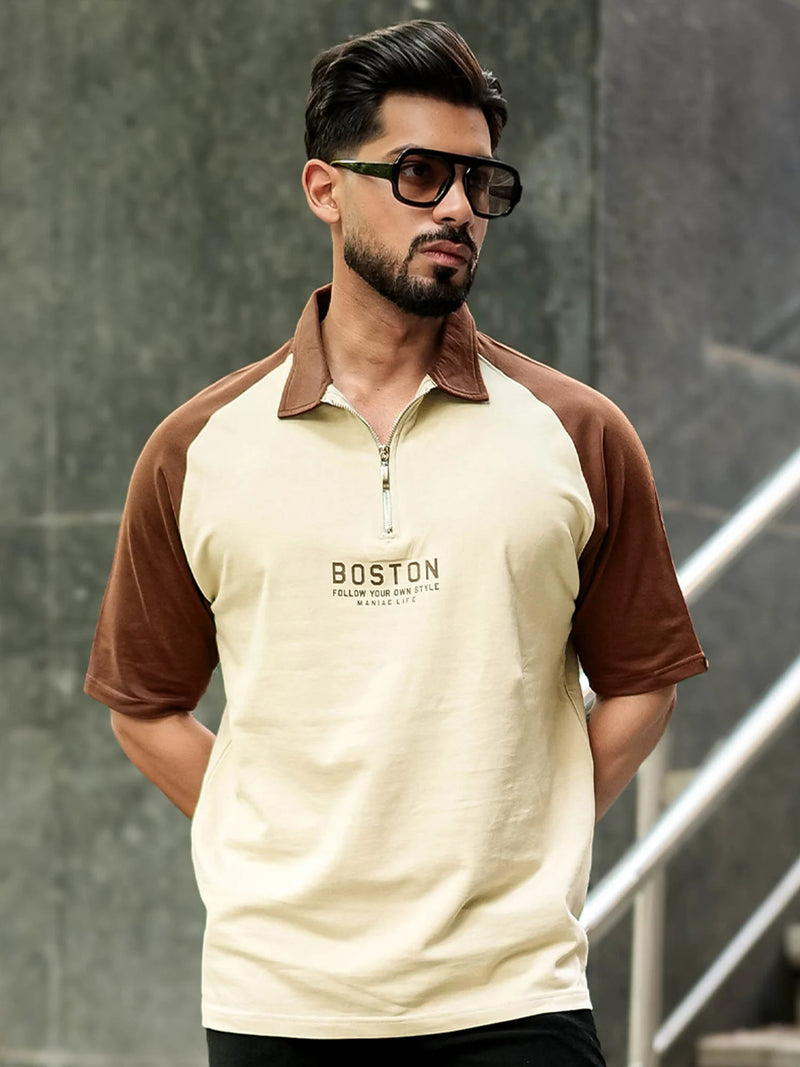 Beige half sleeve boston zipper polo t-shirt for men