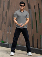 Grey Knit Half Sleeve Polo T-Shirt