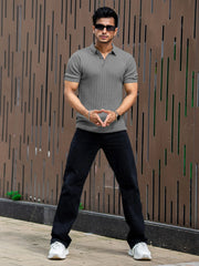 Grey Knit Half Sleeve Polo T-Shirt