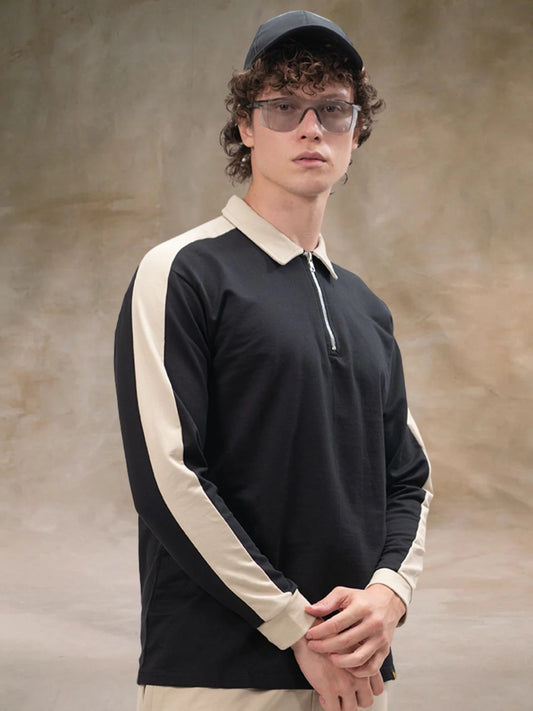 Sleeve CutPanel Black Full Sleeve Polo T-Shirt