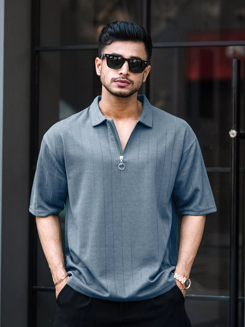Light grey half sleeve brooklyn zipper polo t-shirt for men