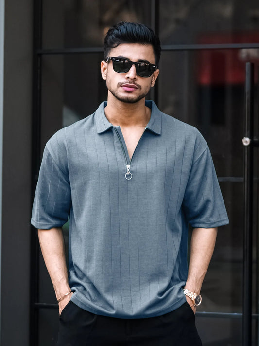 Brooklyn Half Zipper Light Grey Polo Half Sleeve T-Shirt