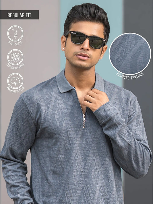 Opal Wave Light Grey Full Sleeve Polo T-Shirt