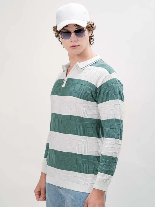 Puzzle White, Green Full Sleeve Polo T-Shirt