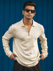 Raw Texture Cream Full Sleeve Polo T-Shirt