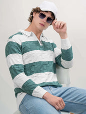 Puzzle White, Green Full Sleeve Polo T-Shirt