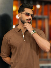 Light brown half sleeve dropknit polo t-shirt for men