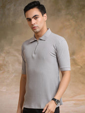 Light grey half sleeve dropknit polo t-shirt for men - view 3