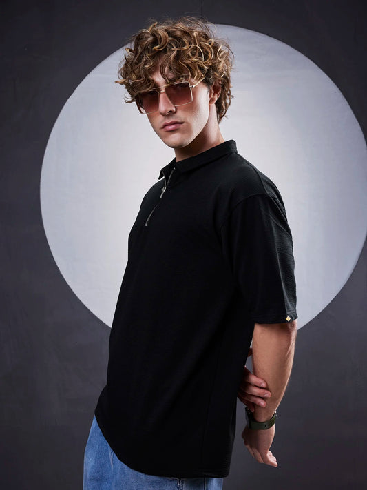 Seersucker Black Polo Half Sleeve T-Shirt