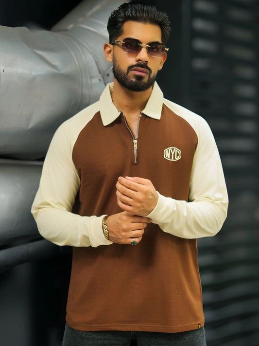 NYC Brown Full Sleeve Polo T-Shirt