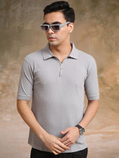 Light grey half sleeve dropknit polo t-shirt for men - view 4