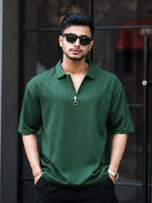 Dark green half sleeve brooklyn zipper polo t-shirt for men - view 3