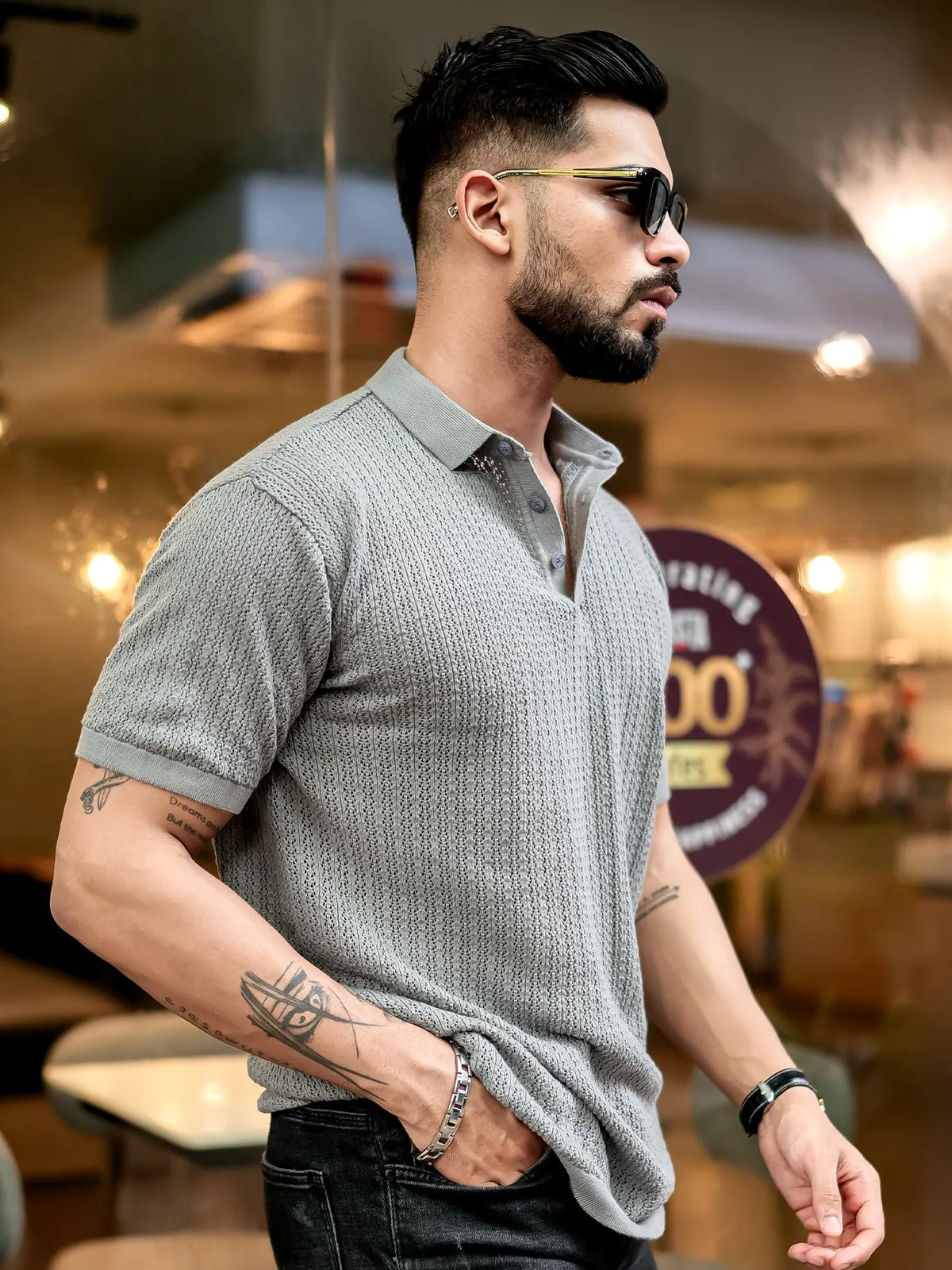 Grey half sleeve classic rib knit polo t-shirt for men - view 2