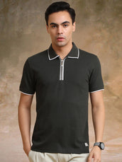 Pointel HalfZipper Olive Half Sleeve Polo T-Shirt