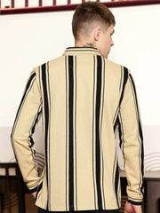 Cord Stripe Beige Full Sleeve Polo T-Shirt