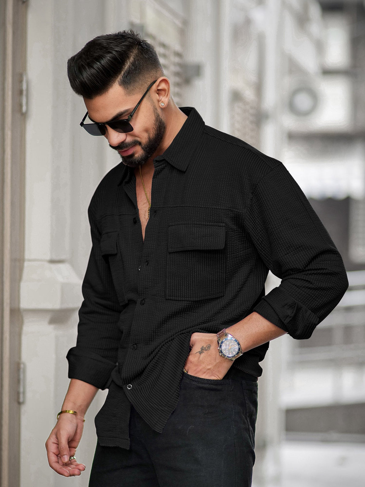 Black full sleeve elliot knit lycra shirt for men - view 5