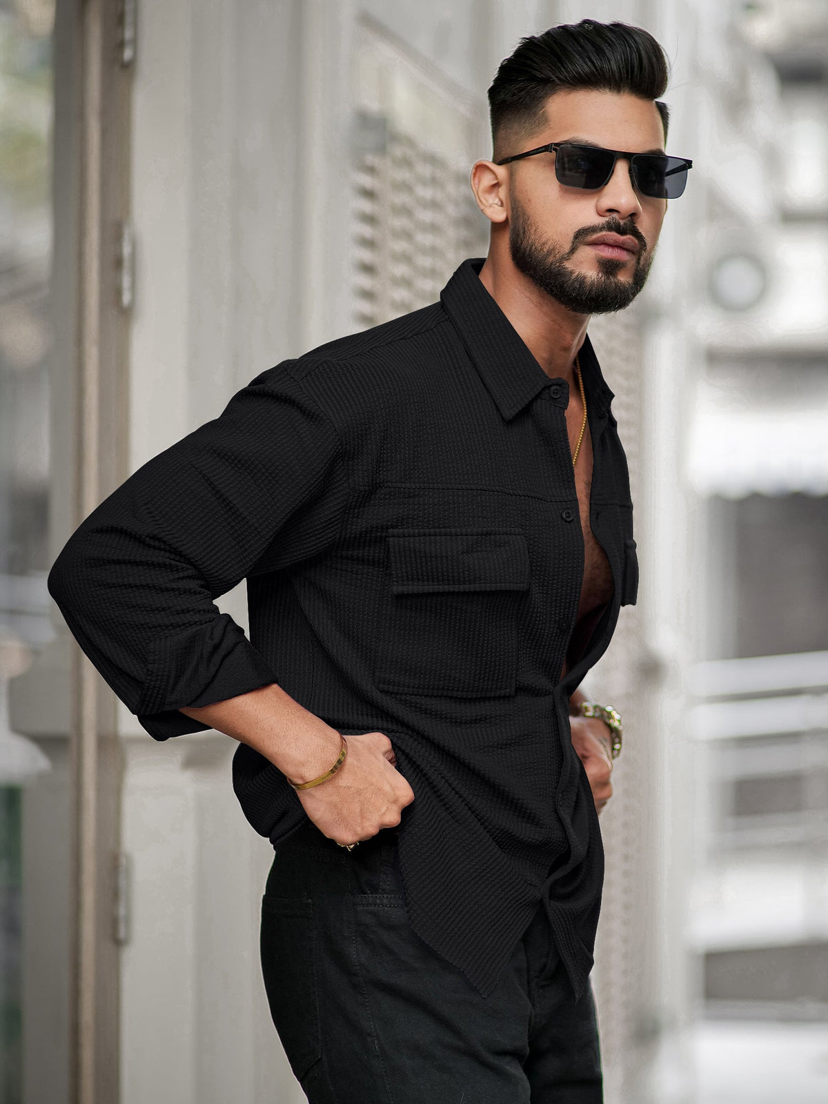 Black full sleeve elliot knit lycra shirt for men - view 3