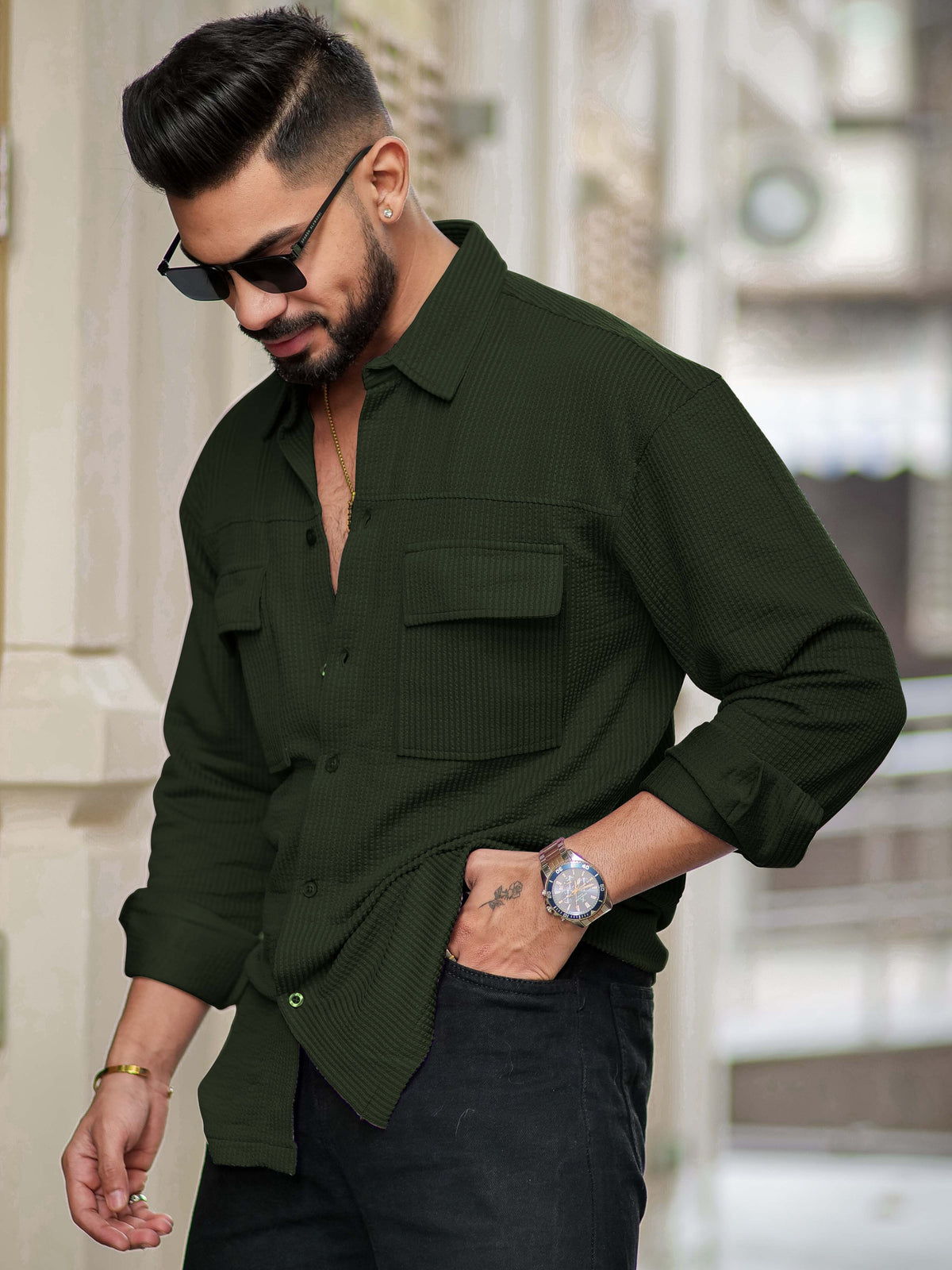 Olive full sleeve elliot knit lycra shirt for men - view 6