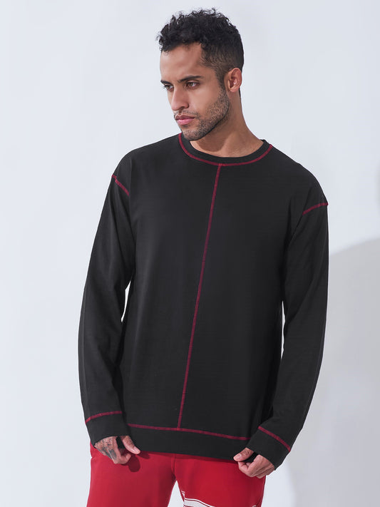 Corn Stitch Black Oversized Full Sleeve T-Shirt
