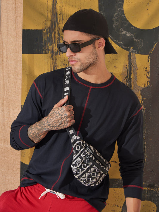 Corn Stitch Black Oversized Full Sleeve T-Shirt