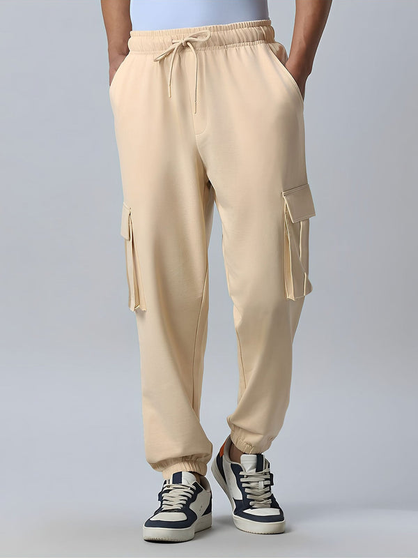 Double Pocket Solid Beige Loose fit Cargo