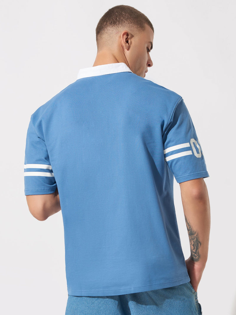Vintage Denim Blue & White Oversized Polo T-Shirt
