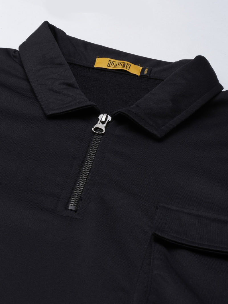 Half Zip Black Full Sleeve Pocket Oversized Polo T-Shirt