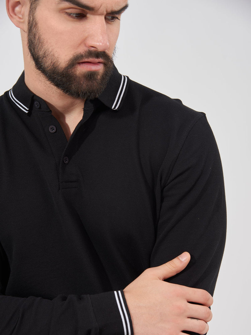 Triple Tuck Pique Black Full Sleeve Polo T-Shirt