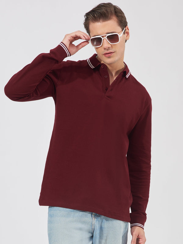 Triple Tuck Pique Burgundy Full Sleeve Polo T-Shirt
