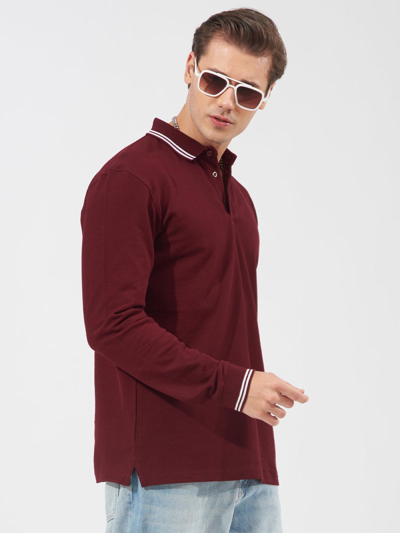 Triple Tuck Pique Burgundy Full Sleeve Polo T-Shirt