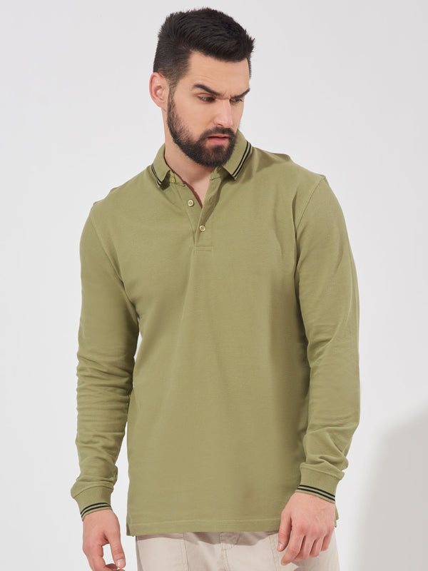 Triple Tuck Pique Green Full Sleeve Polo T-Shirt