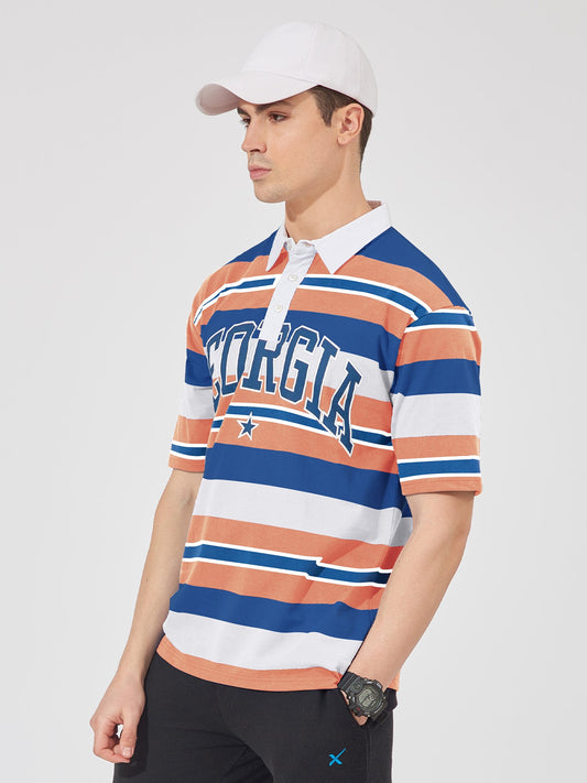 Georgia Oversized Orange Striped Half Sleeve Polo T-Shirt